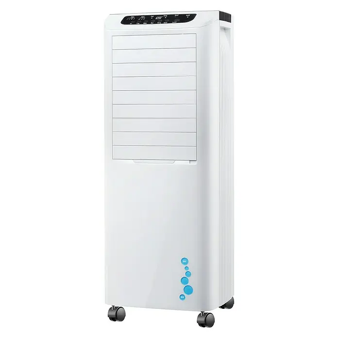 PR Klima Climatizador evaporativo 13 L - Blanco/Negro, Altura: 81 cm - Un enfriador de aire evaporativo portátil blanco con panel de control y ruedas para facilitar el movimiento y un uso flexible en diferentes habitaciones.