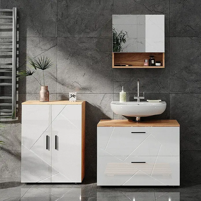 Vicco Spiegelschrank Irma Weiß Hochglanz/Goldkraft Eiche - B x H: 54 x 55 cm, Sonstiges, Weiß Hochglanz/Goldkraft Eiche