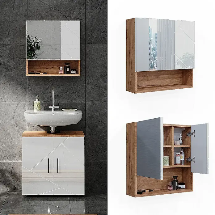 Vicco Spiegelschrank Irma Weiß Hochglanz/Goldkraft Eiche - B x H: 54 x 55 cm, Sonstiges, Weiß Hochglanz/Goldkraft Eiche