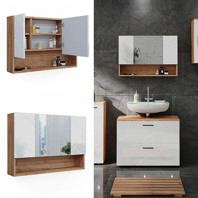 Vicco Spiegelschrank Irma Weiß Hochglanz/Goldkraft Eiche - Sonstiges, Weiß Hochglanz/Goldkraft Eiche