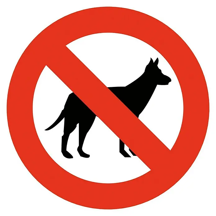 Cartel - Rojo/Blanco, Prohibido el paso a perros, 5 x 5 cm - Señal de prohibición: No se permiten perros. Un círculo rojo con un perro negro tachado indica una prohibición de perros en el lugar.