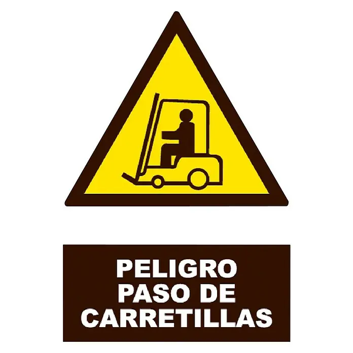 Cartel - Amarillo/Negro, Paso de carretillas - Señal de advertencia "Peligro paso de carretillas" con pictograma de carretilla elevadora y fondo marrón.