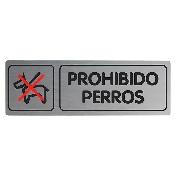 Rótulo - Plateado/Negro, Prohibido el paso a perros, 18 x 5 cm - Letrero "Prohibido Perros" con el símbolo de un perro tachado, indicando que no se permiten perros.