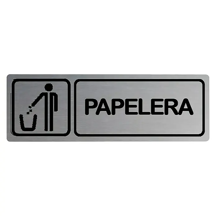 Rótulo - Plateado/Negro, Papelera, 18 x 5 cm - Cartel plateado con el símbolo de una persona tirando basura y la palabra "Papelera" (papelera).