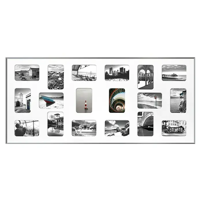 Collagerahmen Pixel - Anzahl Fotoplatzhalter: 18 Stk., Silber, Glas - Eine weiße Mehrfachbilderrahmen-Collage mit verschiedenen Schwarzweiß-Motiven, ideal zur Präsentation Ihrer Lieblingsbilder.