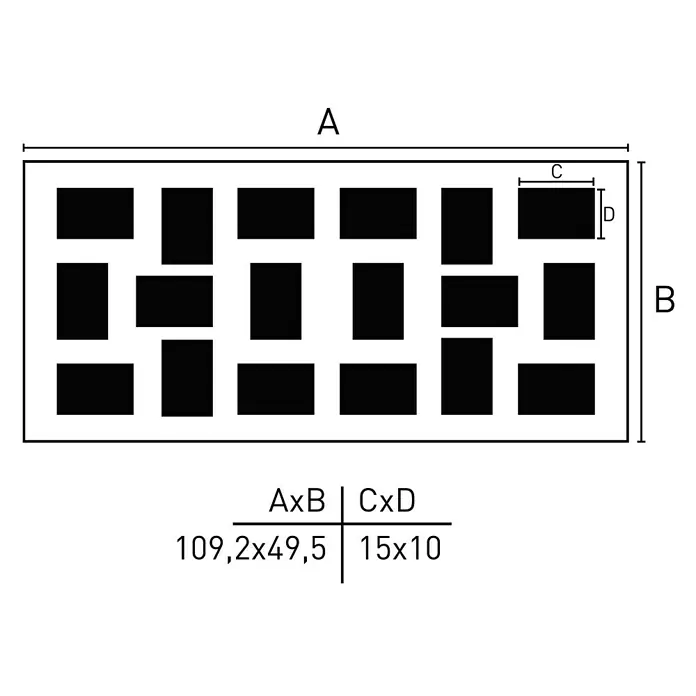 Collagerahmen Pixel - Anzahl Fotoplatzhalter: 18 Stk., Weiß, Glas - Abbildung eines Lüftungsgitters mit den Maßen A x B = 109,2 x 49,5 und C x D = 15 x 10.