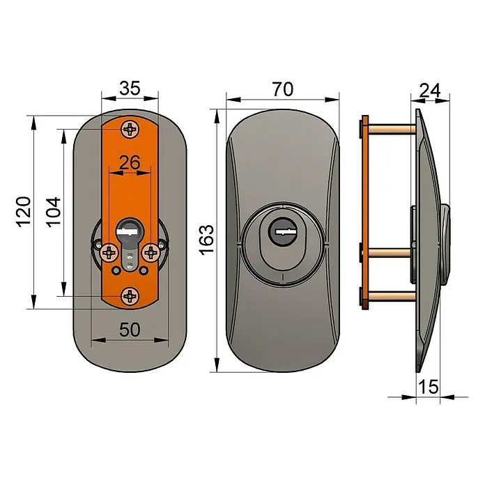 Lince Escudo para cerraduras SQDO bicapa - Níquel - Ilustración de una cerradura con dimensiones detalladas, ideal para dibujos técnicos.