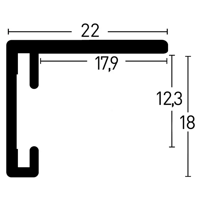 Alurahmen Star - 60 x 80 cm, Silber - Abbildung eines Aluminiumprofils mit Maßen. Das Profil hat eine C-Form mit den angegebenen Maßen für technische Zeichnungen.