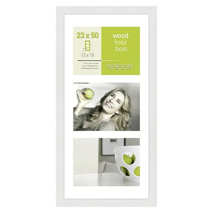 Nielsen Collagerahmen Apollo - Anzahl Fotoplatzhalter: 3 Stk., Weiß, Glas - Ein weißer Nielsen Holz Bilderrahmen, der für Fotos in den Größen 23x50 und 13x18 cm geeignet ist, bietet eine stilvolle Präsentation für Ihre Bilder.