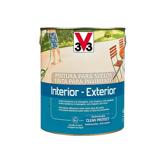 V33 Barniz para suelos Interior-Exterior - Blanco, Satinado, 2,5 l, Base de agua - Un bote de pintura para suelos de interior y exterior con tecnología Clean Protect, resistente a la intemperie y a los arañazos.