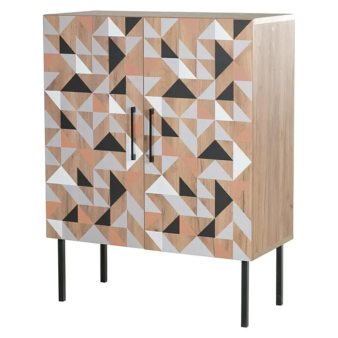Phönix Spectral Highboard - L x B x H: 45 x 100 x 130 cm, Holzfarben - Schrank mit zwei Türen und geometrischem Muster in Schwarz, Weiß und Orange, ideal für moderne Innenräume.\n