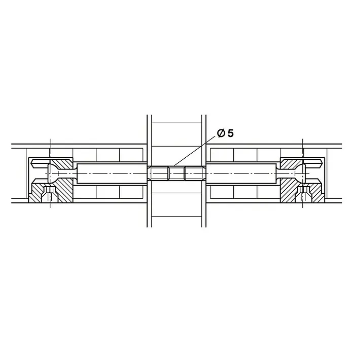 Häfele Casquillo roscado - Largo: 15 mm, Específico para: Espesor de la madera 24 - 26 mm - Dibujo técnico de una pieza de conexión con un diámetro de 5 mm, utilizada en una construcción mecánica.