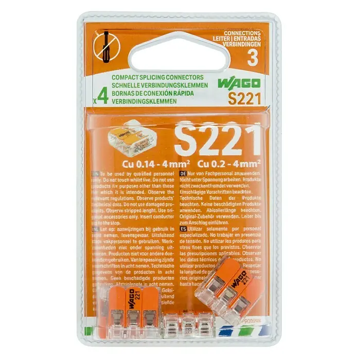 Wago Bloque de terminales Compacto - L x An x Al: 18,7 x 18,6 x 8,3 mm, Metal, 4 ud. - Conectores WAGO S221: Conectores de empalme compactos para conexiones eléctricas seguras y rápidas en diversas aplicaciones.