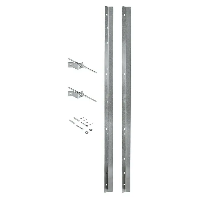 Grohe Rapid SL Montage-Set - Länge: 113 cm - Das Bild zeigt ein Set aus zwei Metallsäulen, zwei Halterungen und Befestigungsmaterial. Ideal für die sichere Montage von Objekten.