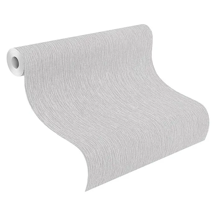 Rasch Trianon Vliestapete - Grau, Uni, 10,05 x 0,53 m - Nahaufnahme einer Rolle stilvoller, grauer Tapete mit dezenter Textur, ideal für moderne Raumgestaltung und Wanddekoration.