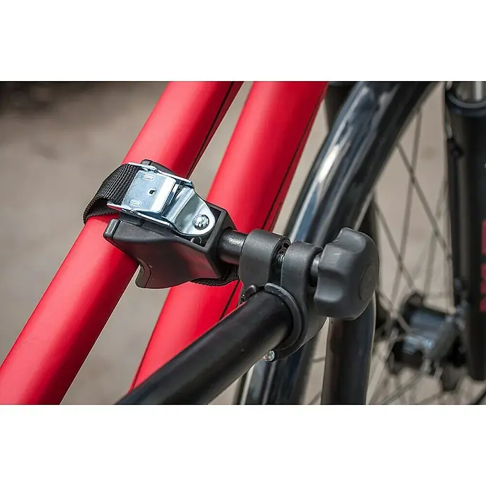 Eufab Fahrradträger Amber I - Geeignet für: 1 Fahrrad, Passend für: Fahrzeuge mit Anhängerkupplung - Nahaufnahme einer Fahrradträgerhalterung, die ein Fahrrad sichert. Die Halterung verfügt über einen Gurt und einen Knopf zur Befestigung.