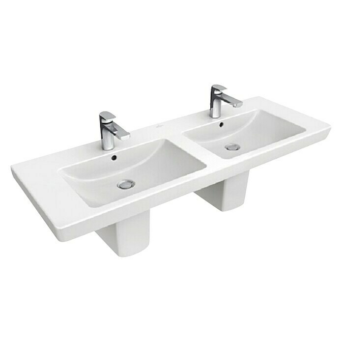 Villeroy & Boch Subway 2.0 Doppelwaschtisch130 x 47 cm, Mit schmutzabweisender Glasur, Hahnloch: Mitte, Weiß, Anzahl Waschschüsseln: 2 Front View