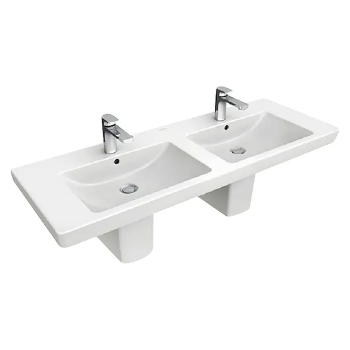 Villeroy & Boch Subway 2.0 Doppelwaschtisch - 130 x 47 cm, Mit schmutzabweisender Glasur, Hahnloch: Mitte, Weiß, Anzahl Waschschüsseln: 2 - Doppelwaschtisch mit zwei Becken und Chromarmaturen, modernes Design für Badezimmer.