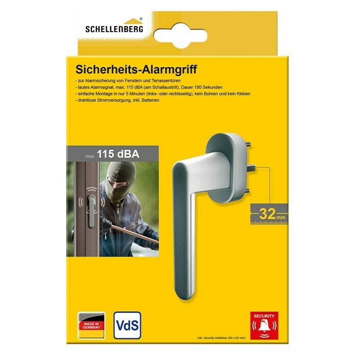 Schellenberg Alarm-Fenstergriff (Vierkantstift: 32 mm, Silber, DIN Anschlag: Links/Rechts)