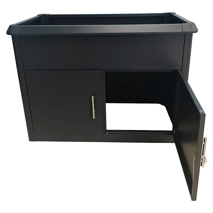 Hochbeet mit Staufach - 107 x 57 x 78 cm, Stahl, Anthrazit - Schwarzer Schrank mit zwei Türen, eine geöffnet und eine geschlossen, mit einem silbernen Griff.