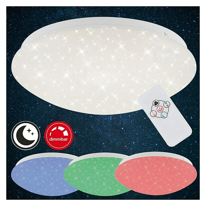Brilo Plafón LED redondo RGB cielo estrellado - 10 W, Ø x Al: 300 mm x 9,5 cm, Blanco, RGBW - Lámpara de techo LED con efecto cielo estrellado. La lámpara es regulable y viene con un mando a distancia para facilitar su uso.