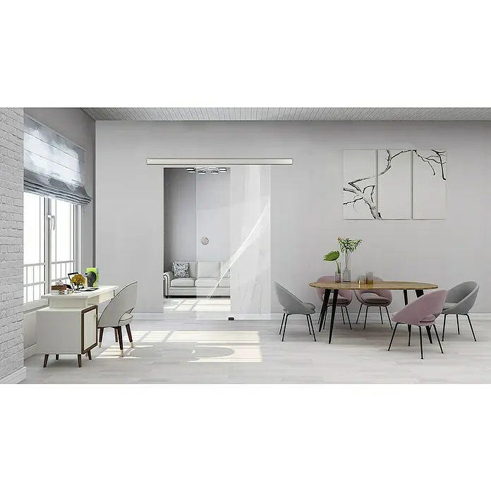 Diamond Doors Schiebetürbeschlag Linea 40 - Aluminium, Art Beschlag: Geschlossen, 1.900 mm, Passend für: Diamond Doors Glasschiebetüren - Helles Interieur mit einem eleganten Schiebetürsystem aus Glas, das den Raum offen und modern gestaltet und viel natürliches Licht hereinlässt.