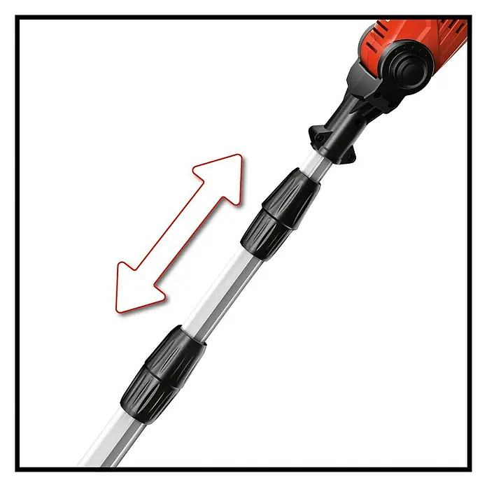 Einhell Power X-Change 18V Akku-Heckenschere GE-HH 18/45 Li T-Solo - 18 V, Li-Ionen, Ohne Akku, Schnittlänge: 40 cm - Bild einer verlängerbaren Teleskopstange, die typischerweise an Gartengeräten wie Heckenscheren verwendet wird, mit einem Pfeil, der die mögliche Bewegung anzeigt.