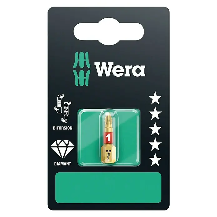 Wera Premium Plus Diamant-Bit 851/1 BDC - PH 1, 25 mm - Produktbild einer Wera Bitorsion Diamant Bit Schrauberbit, Gr. 1, präsentiert auf einer schwarzen Verpackung mit Wera-Logo und Sternebewertung.