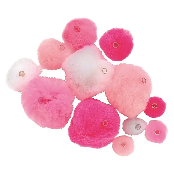 Glorex Hobby Time Pompon-Set Mix - Rosa, 45 Stk., Acryl - Nahaufnahme einer Sammlung von mehrfarbigen Pompons in verschiedenen Rosatönen und Weiß, die eine flauschige und dekorative Textur zeigen.
