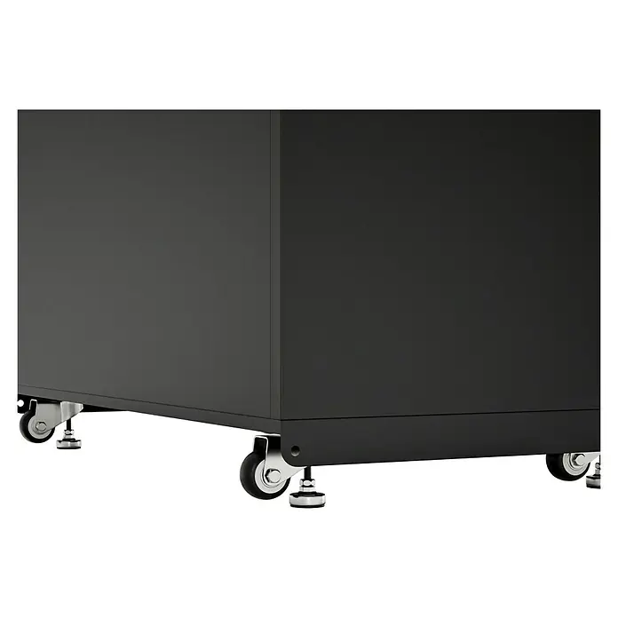 Kingstone Cube Outdoorküchen-Modul Doppelschrank - Schwarz, B x T x H: 100 x 58 x 90 cm, Stahl, Sintered Stone - Nahaufnahme eines schwarzen Rollcontainers mit Rollen. Das Möbelstück präsentiert eine moderne Optik und ist funktional gestaltet.