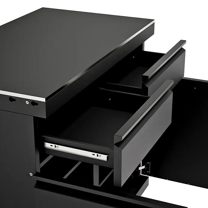 Kingstone Cube Outdoorküchen-Modul Doppelschrank - Schwarz, B x T x H: 100 x 58 x 90 cm, Stahl, Sintered Stone - Detailaufnahme eines schwarzen Werkzeugschranks mit geöffneten Schubladen, der die Funktionalität und das Design hervorhebt.