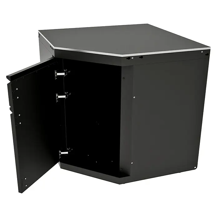 Kingstone Cube Outdoorküchen-Modul Ecke - Schwarz, B x T x H: 58 x 58 x 90 cm, Stahl, Sintered Stone - Schwarzer Eckschrank mit offener Tür. Ideal für platzsparende Lösungen mit modernem Design und praktischer Aufbewahrung.