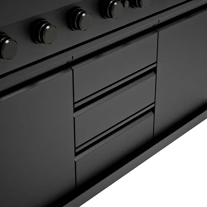 Kingstone Cube Outdoorküche 4500 - Schwarz, Material Grillfläche: Gusseisen, Anzahl Brenner: 7 - Detailaufnahme eines schwarzen Küchenherds mit Drehknöpfen und Schubladen. Elegantes Design für moderne Küchen.
