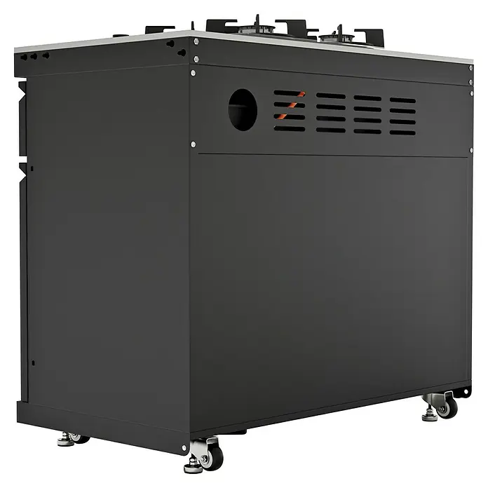 Kingstone Cube Outdoorküchen-Modul Gaskochfeld - Schwarz, B x T x H: 100 x 58 x 90 cm, Stahl, Sintered Stone - Ein schwarzer, rollbarer Kochherd mit Lüftungsschlitzen und einer runden Öffnung. Blick auf die Rückseite des robusten Küchengeräts.