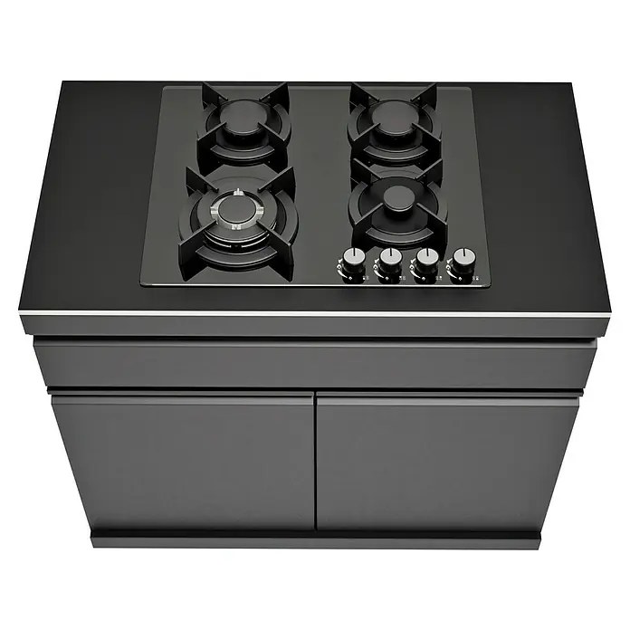 Kingstone Cube Outdoorküchen-Modul Gaskochfeld - Schwarz, B x T x H: 100 x 58 x 90 cm, Stahl, Sintered Stone - Schwarz-grauer Gasherd mit vier Brennern und Drehreglern auf einer Kücheninsel mit dunklen Schränken.