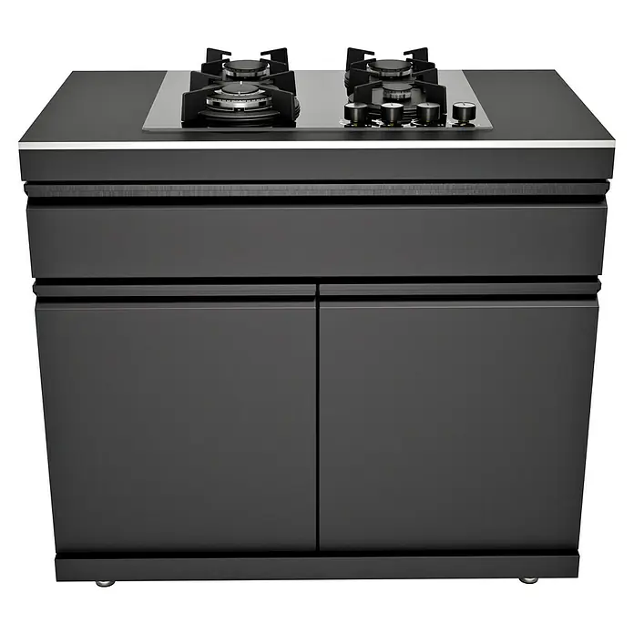 Kingstone Cube Outdoorküchen-Modul Gaskochfeld - Schwarz, B x T x H: 100 x 58 x 90 cm, Stahl, Sintered Stone - Schwarzer Küchenschrank mit integriertem Kochfeld und zwei Türen für stilvolle Küchen. Optimale Lösung für moderne Räume.