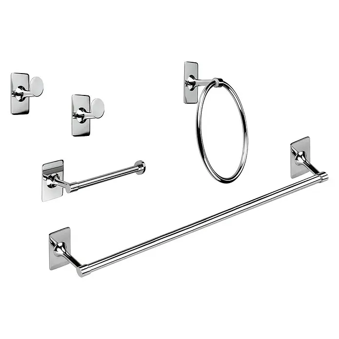 Bath Stage Set de baño B-Label - 5 pzs., Cromo, Brillante - Juego de accesorios de baño de cromo pulido, con toalleros, ganchos y un aro para un baño elegante y moderno.