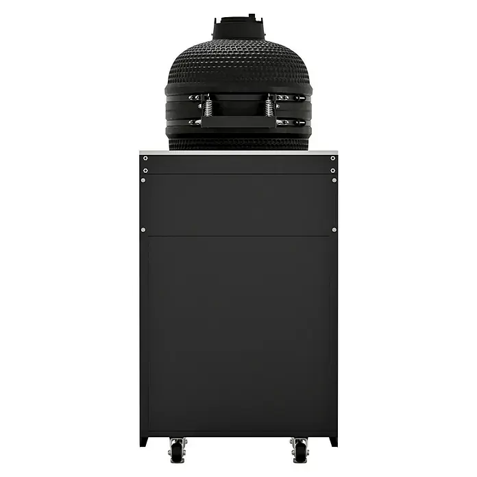 Kingstone Cube Holzkohlegrill Kamado - Durchmesser Grillfläche: 38 cm, Schwarz - Abbildung eines schwarzen Keramikgrills mit einem passenden schwarzen Schrank, der ein elegantes und modernes Design aufweist.