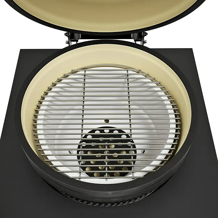 Kingstone Cube Holzkohlegrill Kamado - Durchmesser Grillfläche: 38 cm, Schwarz - Nahaufnahme eines Kamado-Grills mit Grillrost und geöffnetem Deckel, ideal zum Grillen und Räuchern im Freien.