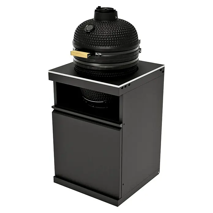 Kingstone Cube Holzkohlegrill Kamado - Durchmesser Grillfläche: 38 cm, Schwarz - Das Bild zeigt einen schwarzen Kamado-Grill mit einem Holzgriff, der auf einem schwarzen Unterschrank steht. Der Grill hat eine runde Form.