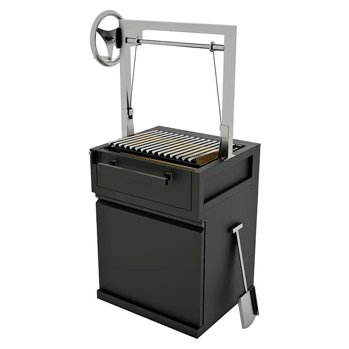 Kingstone Cube Holzkohlegrill - Grillfläche (B x T): 49 x 44 cm, Schwarz - Nahaufnahme eines schwarzen Gaucho Grill mit Grillrost und Kurbelmechanismus zum Anheben und Absenken des Grills.