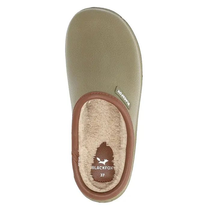 Black Fox Gartenclogs Winterschuh Sherlow - Schuhgröße: 41, Khaki - Nahaufnahme eines olivgrünen Blackfox Clogs mit braunem Rand und warmem, beigem Innenfutter. Komfort und Stil für Zuhause.