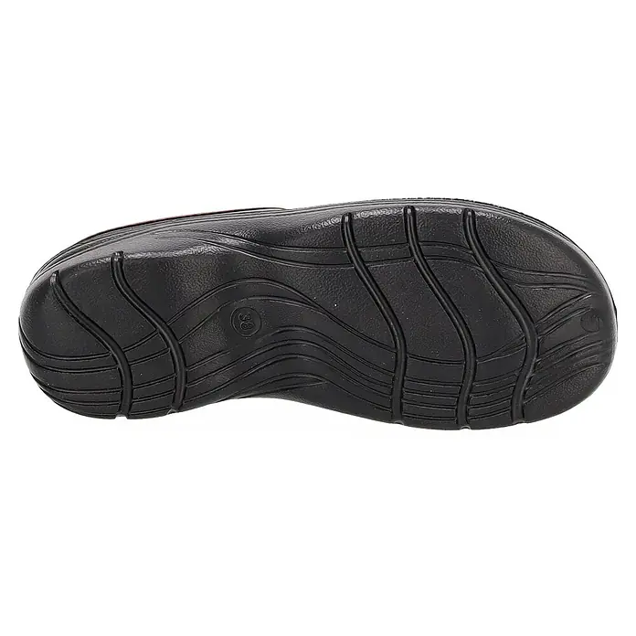 Black Fox Gartenclogs Winterschuh Sherlow - Schuhgröße: 38, Schwarz - Nahaufnahme der profilierten schwarzen Sohle eines Schuhs mit Größenangabe.