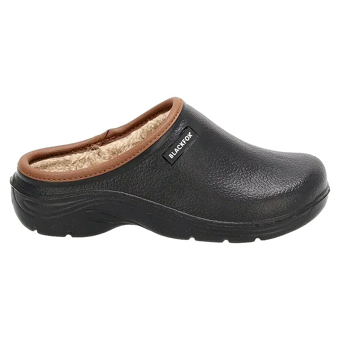 Black Fox Gartenclogs Winterschuh Sherlow - Schuhgröße: 38, Schwarz - Schwarzer BLACKFOX Gartenclog mit braunem Rand und Innenfutter aus Plüsch, ideal für Gartenarbeiten und Freizeit.