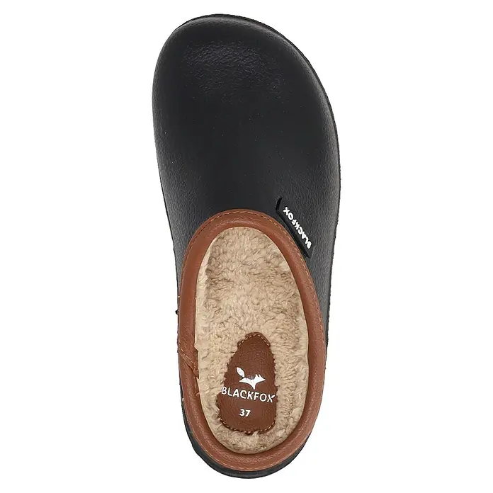 Black Fox Gartenclogs Winterschuh Sherlow - Schuhgröße: 38, Schwarz - Draufsicht auf einen schwarzen BLACKFOX Clog mit braunem Rand und warmem, beigem Innenfutter. Ideal für Komfort und Wärme.