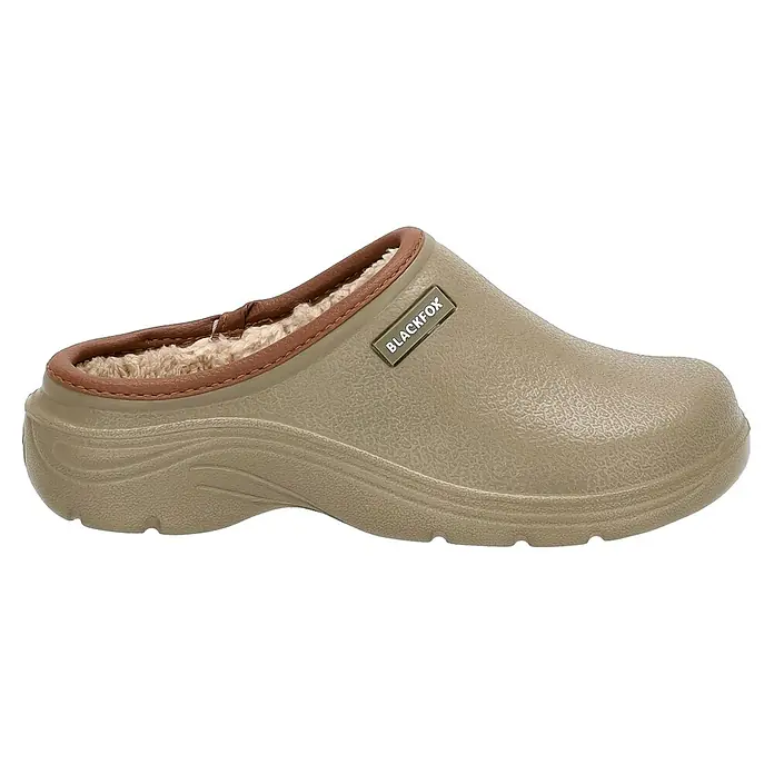 Black Fox Gartenclogs Winterschuh Sherlow - Schuhgröße: 44, Khaki - Eine Nahaufnahme eines Blackfox Clogs in Khaki mit einem warmen braunen Futter, ideal für Komfort und Stil im Alltag.
