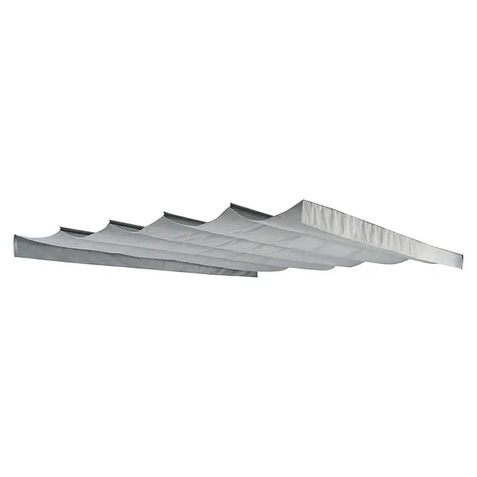 Sunfun Ersatzdach Kreta - Passend für: Sunfun Raffpavillon Kreta 418 x 333 cm - Hier ist ein Bild einer grauen, stoffbespannten Pergola, die sich ideal für den Einsatz im Freien eignet, da sie Schatten und Schutz vor der Sonne bietet.