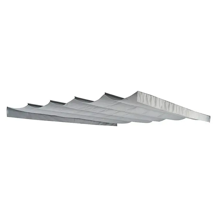 Sunfun Ersatzdach KretaPassend für: Sunfun Raffpavillon Kreta 418 x 333 cm - Hier ist ein Bild einer grauen, stoffbespannten Pergola, die sich ideal für den Einsatz im Freien eignet, da sie Schatten und Schutz vor der Sonne bietet.