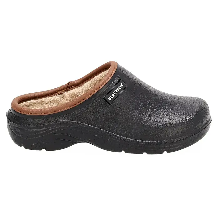 Black Fox Gartenclogs Winterschuh Sherlow - Schuhgröße: 37, Schwarz - Schwarzer Blackfox Gartenclog mit braunem Rand und warmem Innenfutter, ideal für Komfort und Schutz im Garten.