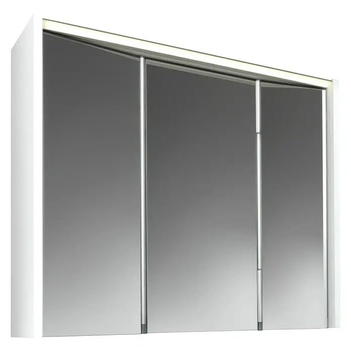 Jokey LED-Spiegelschrank Arbo - B x H: 73 x 62,7 cm, Holz, Weiß - Nahaufnahme eines Kleiderschranks mit Spiegeltüren und Schiebetüren aus Metall, der ein elegantes und modernes Design aufweist.